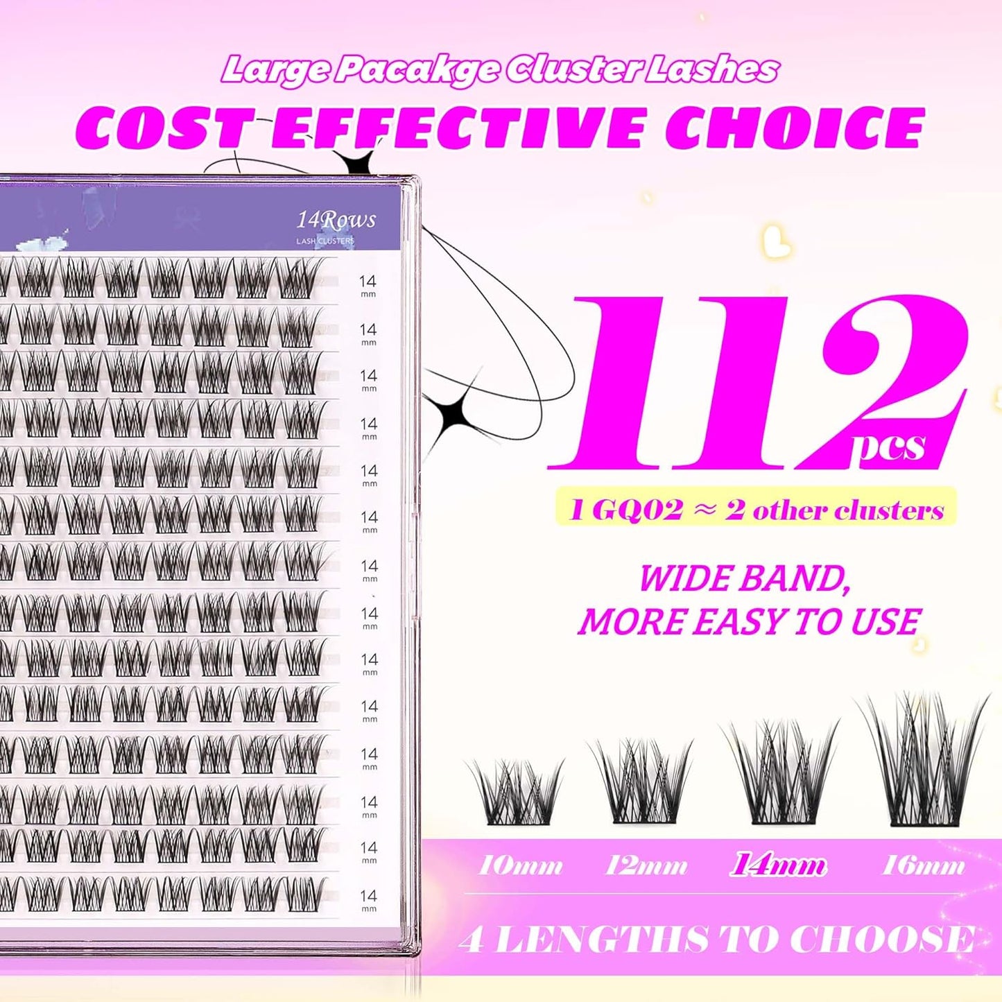 GAQQI Lash Clusters 112pcs (GQ02, C Curl, 14mm)