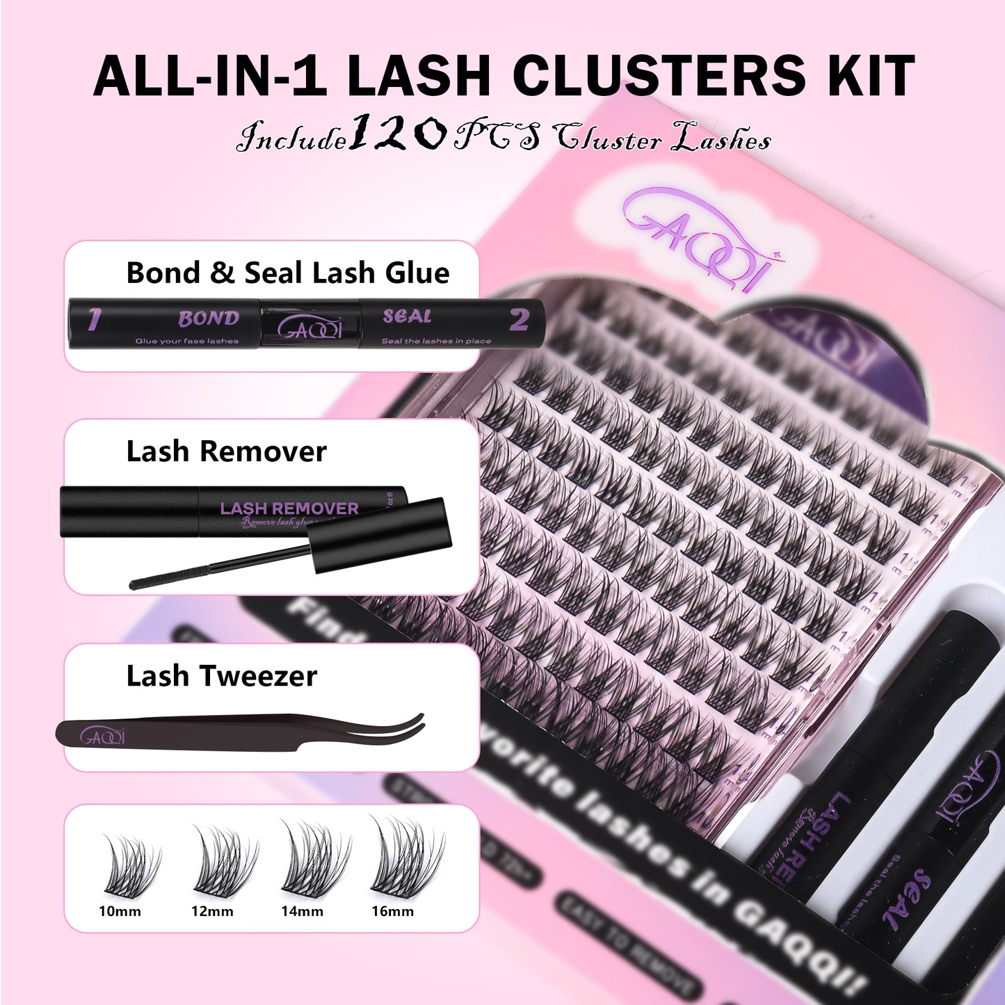 GAQQI Lash Clusters Kit 10-16MM with Lash Bond and Seal,Lash Remover and Lash Applicator (GQ15-KIT)