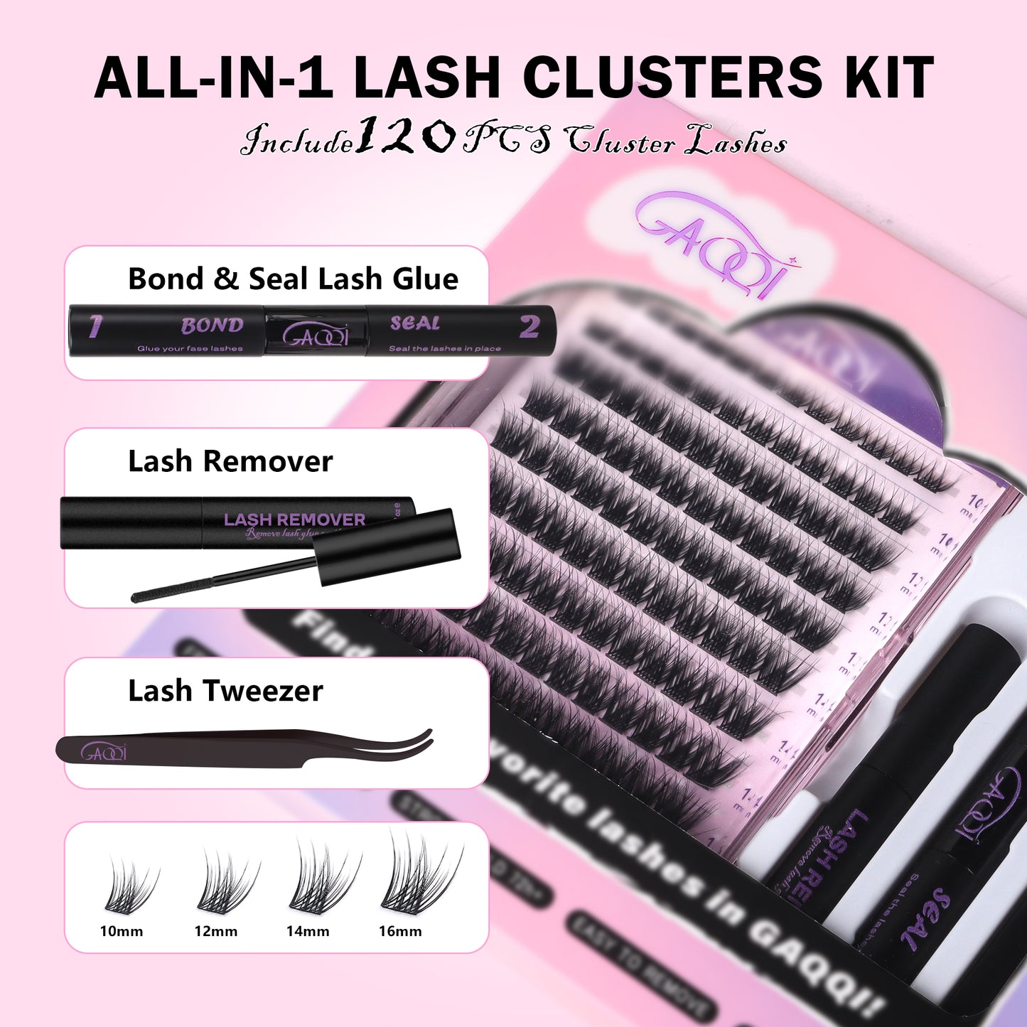 GAQQI Lash Clusters Kit 10-16MM with Lash Bond and Seal,Lash Remover and Lash Applicator (GQ03-KIT)